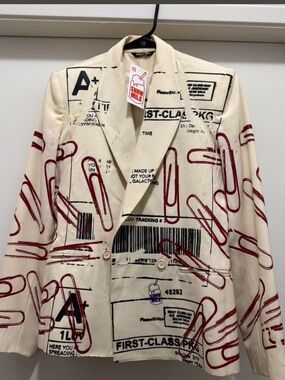 Snow milk Graphic Paperclip Print Blazer in Cream and Burgundy